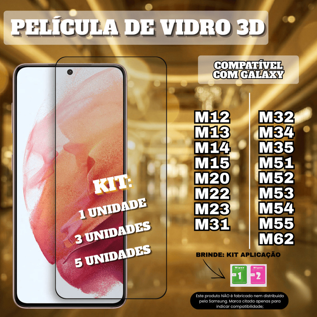 Kit Película De Vidro 3D Frontal Compatível Samsung Galaxy M13 M14 M23 M31 M35 M