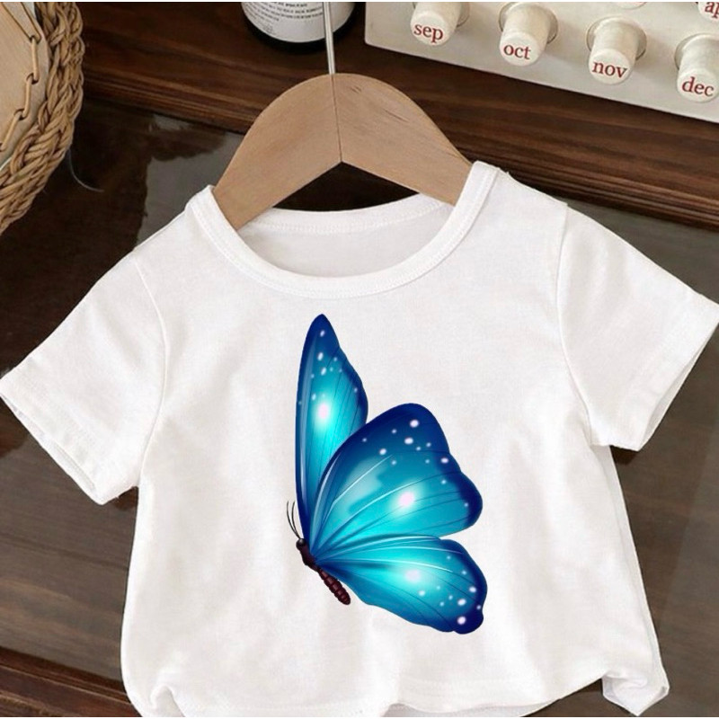 Camiseta Infantil Menina Estampa Borboleta Azul Fashion Estilosa Camisa 100% Algodão Confortável Leve e Macia