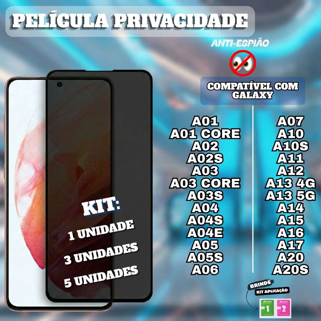 Película Privativa Privacidade 3D Compatível com Samsung Galaxy A05 A06 A07 A12 A13 A14 A15 A16 A17