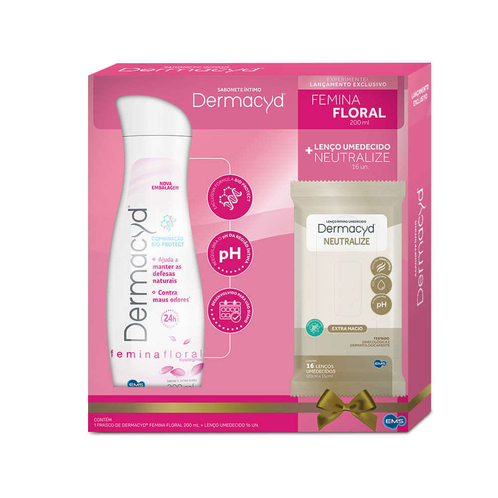 Sabonete Liquido Dermacyd Femina Floral 200ml + Lenço Umedecido Dermacyd Neutralize Extra Macio Com 16 Unidades em Oferta na Shopee
