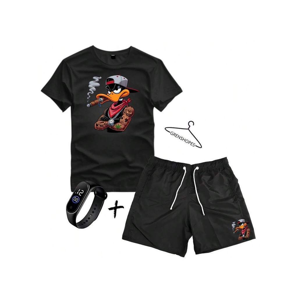 Conjunto Kit Camiseta E Bermuda Tectel + Relogio Estampa Pato Camisa Masculina Premium