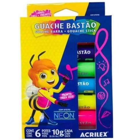 TINTA GUACHE BASTAO NEON ESTOJO COM 06 CORES ACRILEX