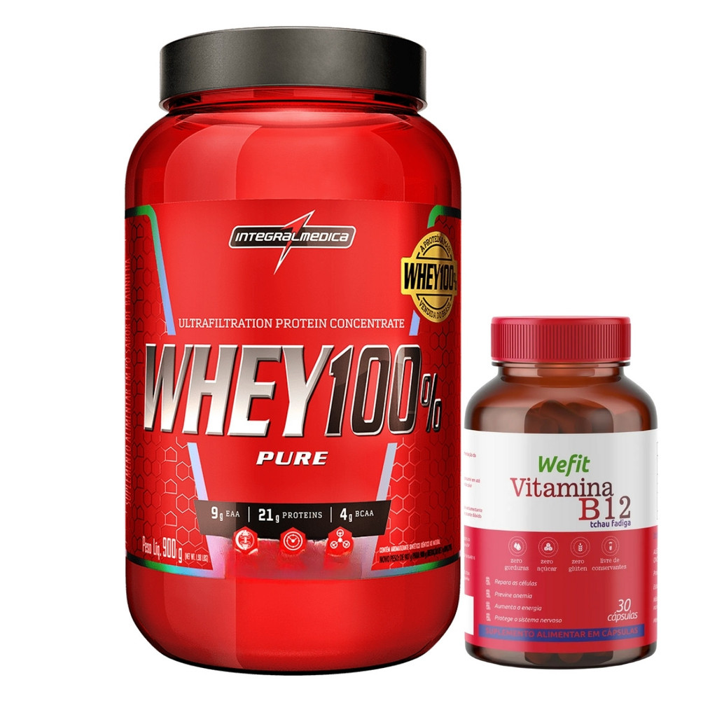 Whey 100% Pure 900g Integralmedica + Vitamina B12 30C WeFit em Oferta na Shopee