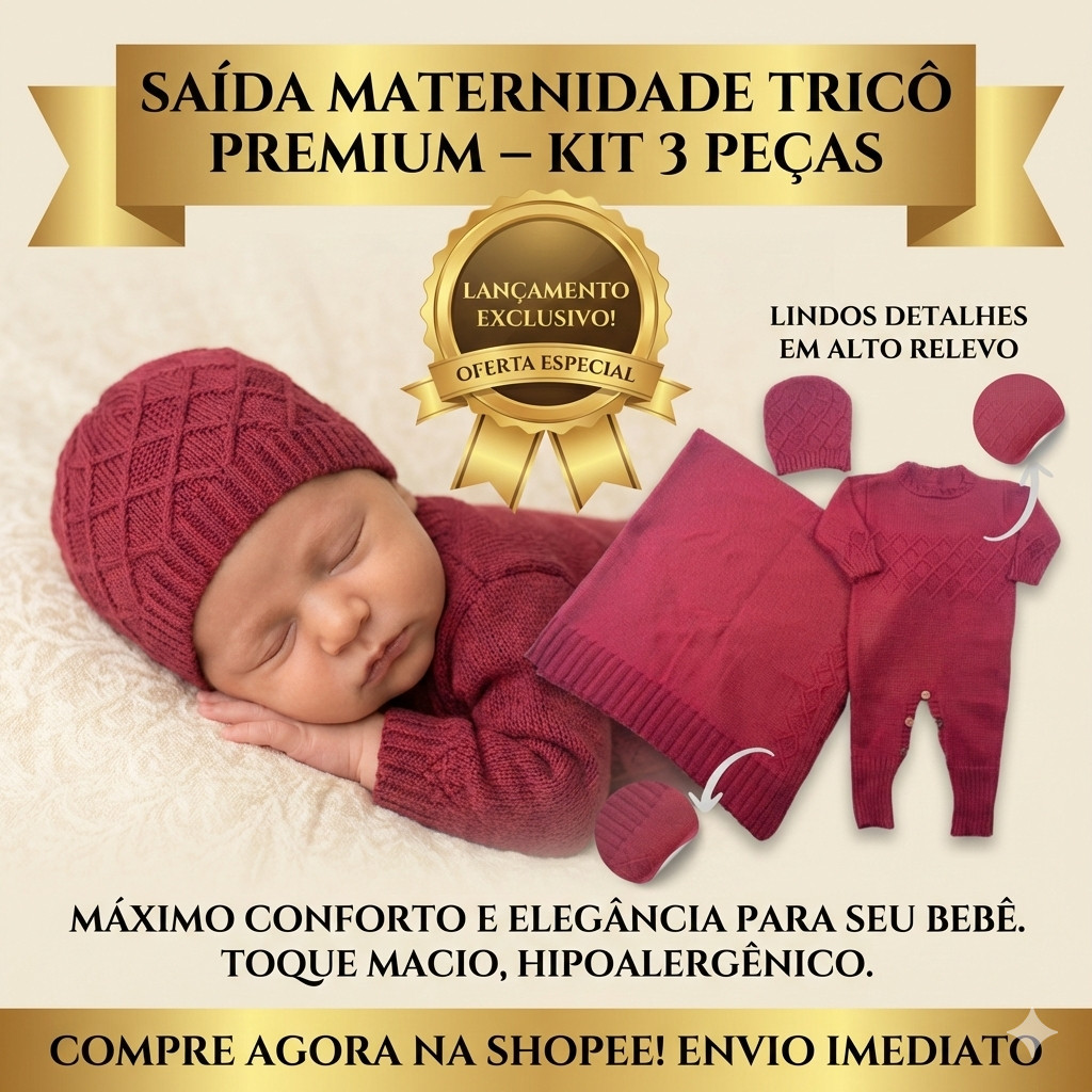 Saída Maternidade Tricô Luxo Unissex – Conjunto Bebê Elegante com Touca em Oferta na Shopee