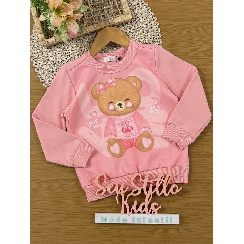 Casaco Infantil Kukiê Inverno Flanelado Rosa Ursinha