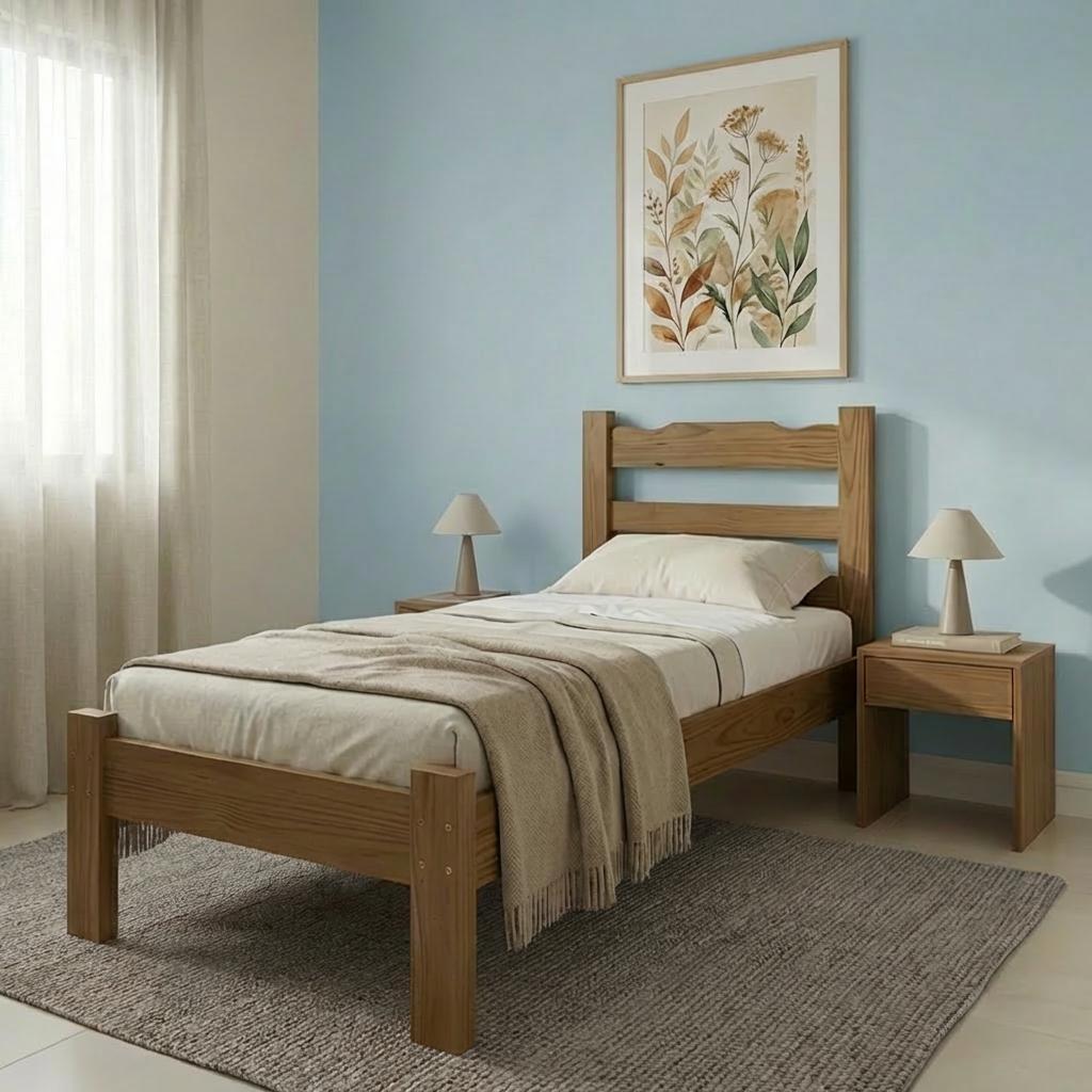 Cama Solteiro em Madeira Maciça Reforçada Nogueira
