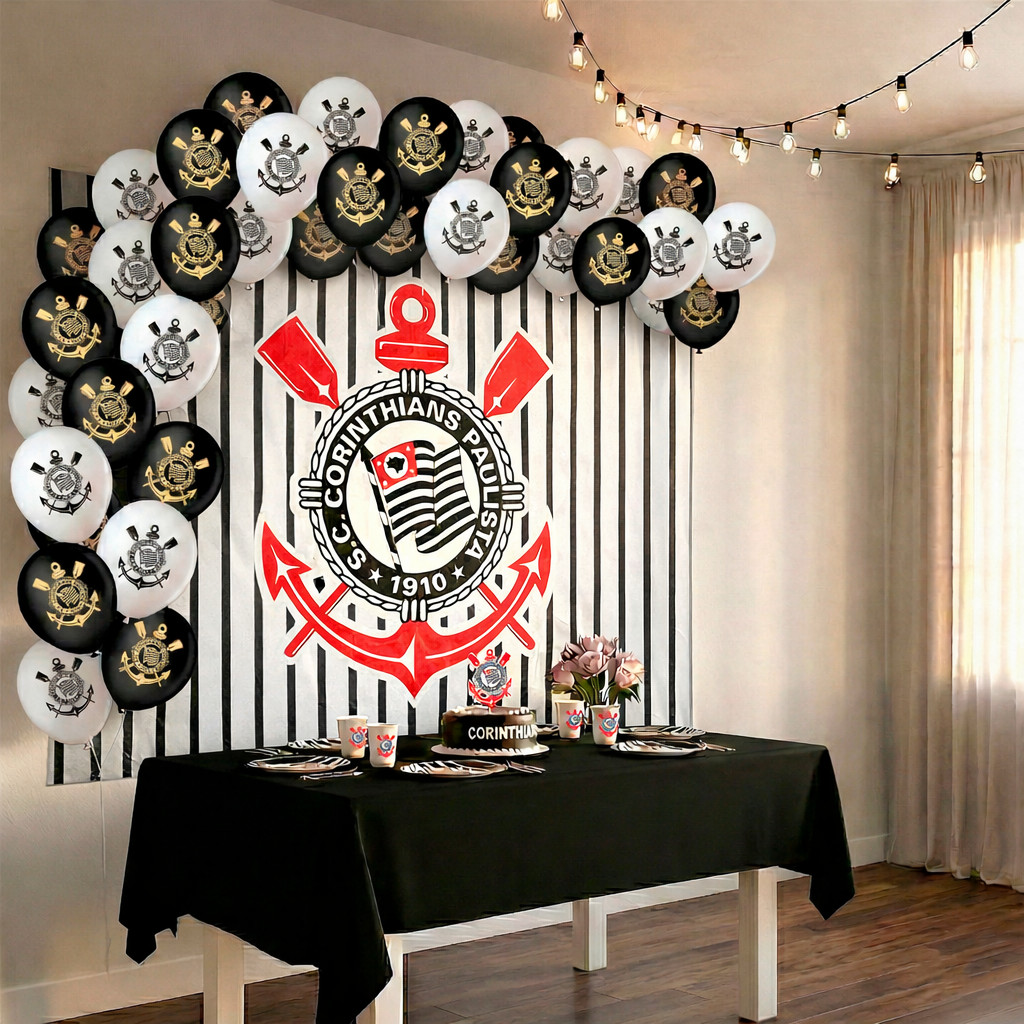 Kit festa Corinthians Aniversário Toalha balões + Painel TNT Mais Cor viva