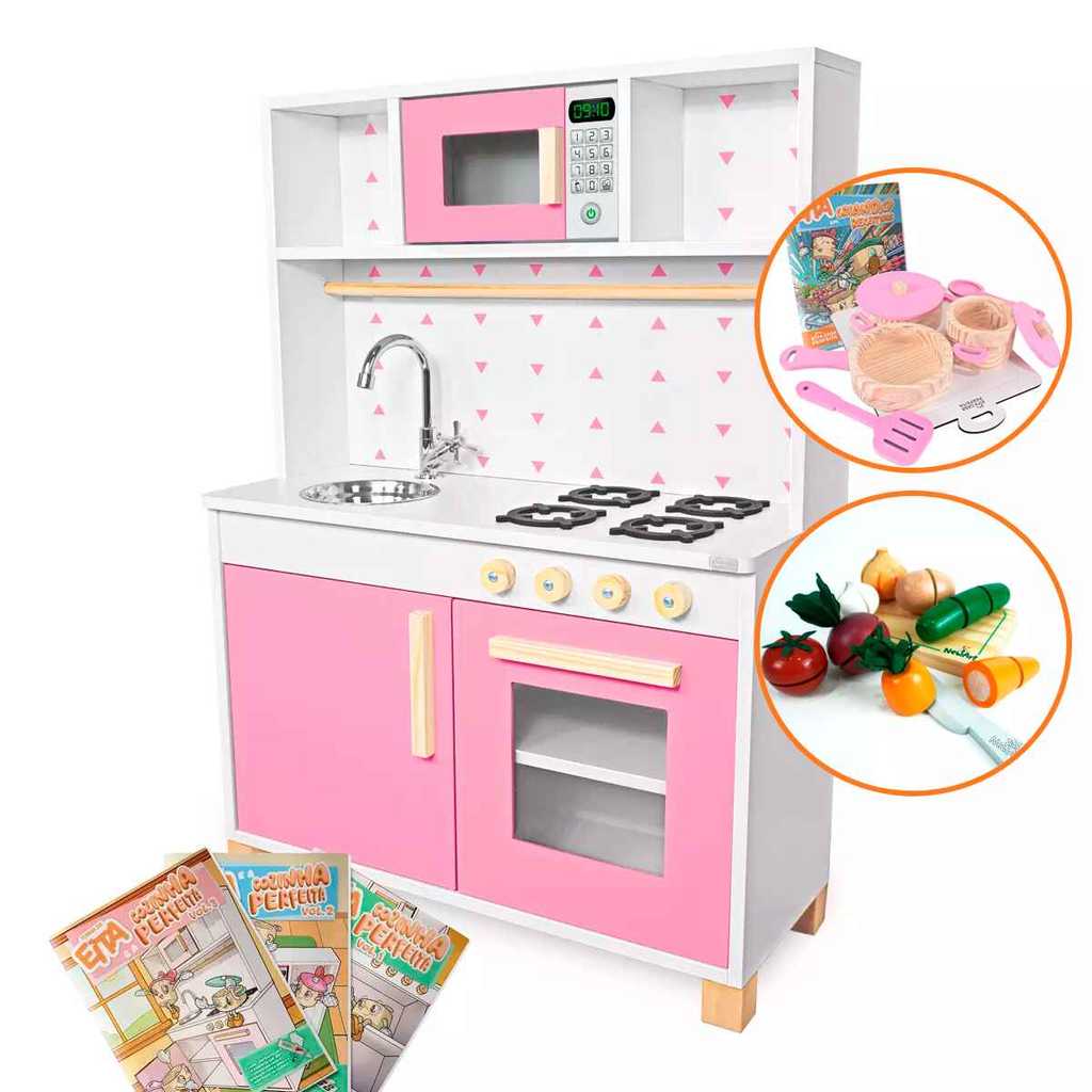 Cozinha Infantil Panelinhas 7 Legumes Brinquedo Madeira Pedagógico Panelinha Rosa Faz de Conta Chef Kit Livro Educativo