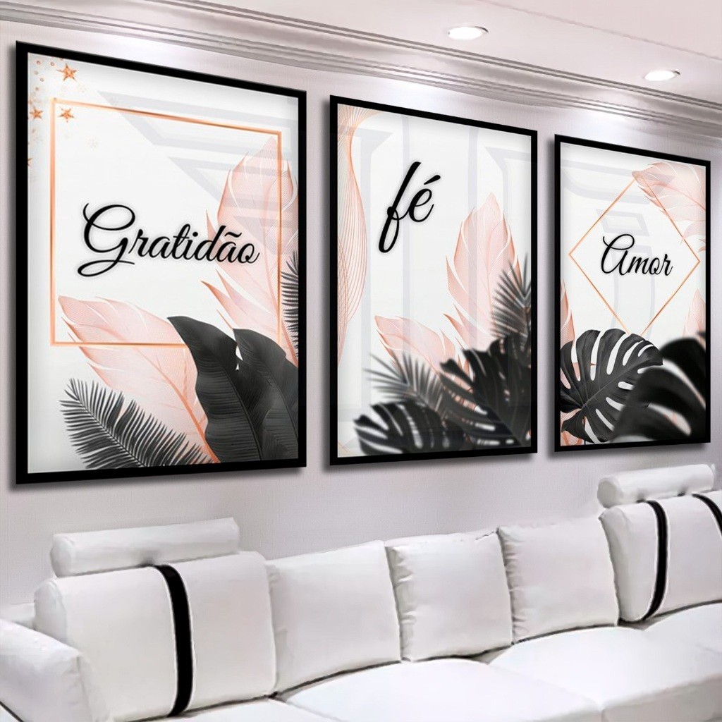 Kit 3 Quadros Decorativos de Parede Mosaico Diferente Gratidão Fé Amor Folhas Flores Colorido Abstrato em Oferta na Shopee