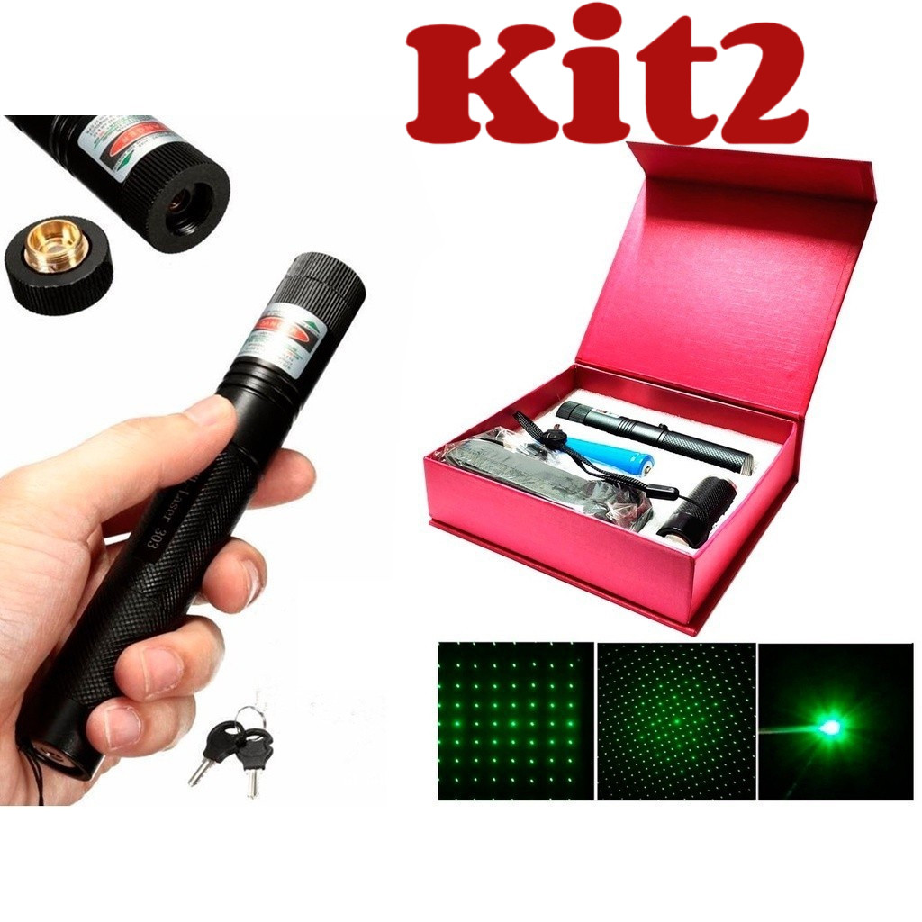 Kit 2 Super Caneta Laser Pointer Verde 1000mw Recarregável com Chave de Segurança com Bateria Laser 303