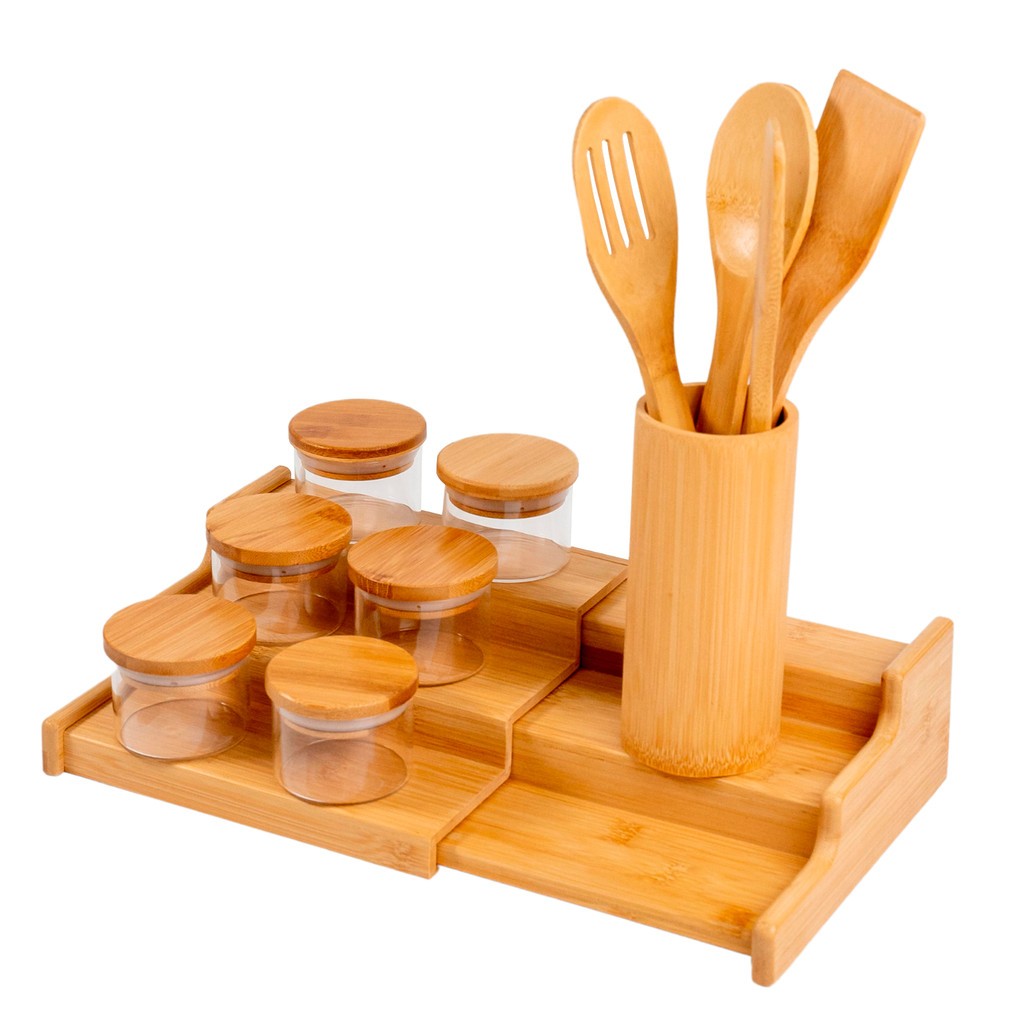 Kit 6 Potes Hermético 110ml com Tampa de Bambu, Rack Organizador de Bambu E 4 Utensílios de Bambu -  Oikos
