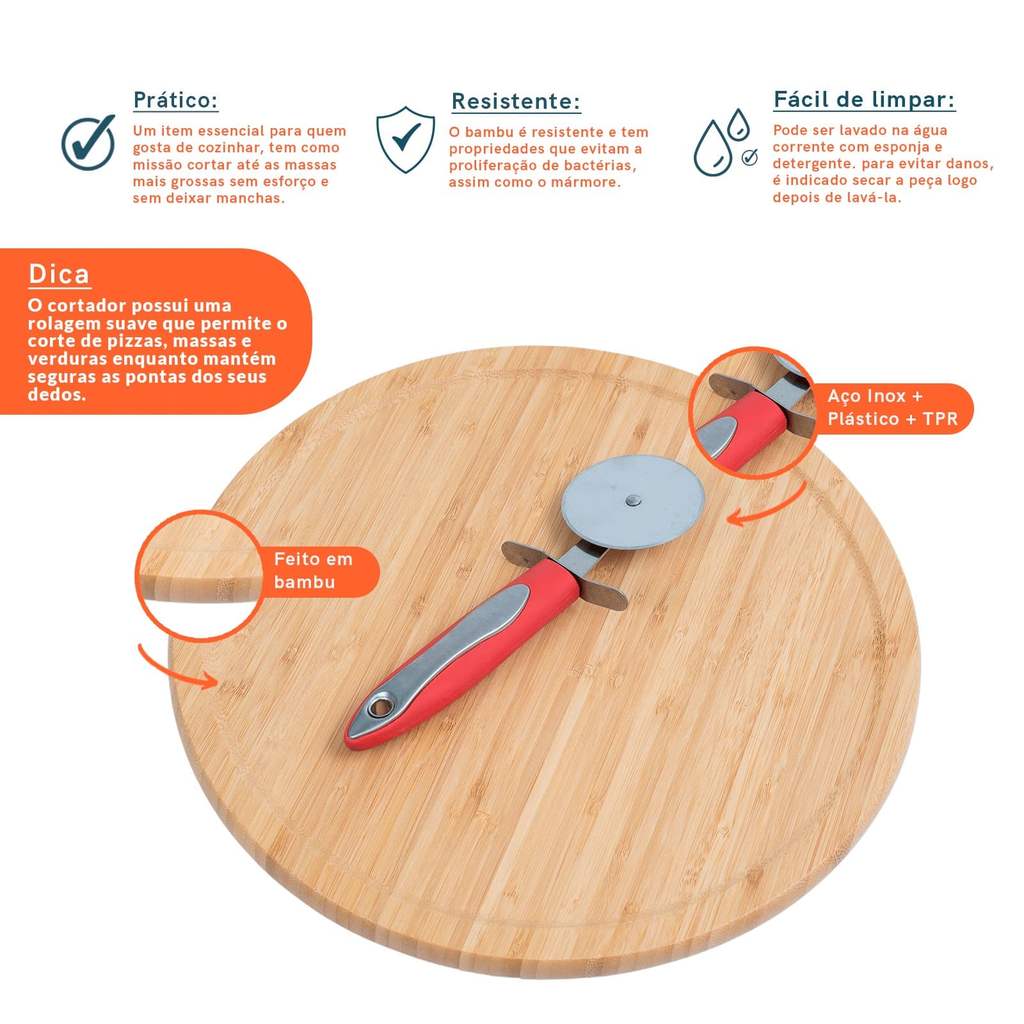 Kit Tábua Bambu Giratória Cortador de Pizza Vermelho – Oikos — imagem 2 de 2