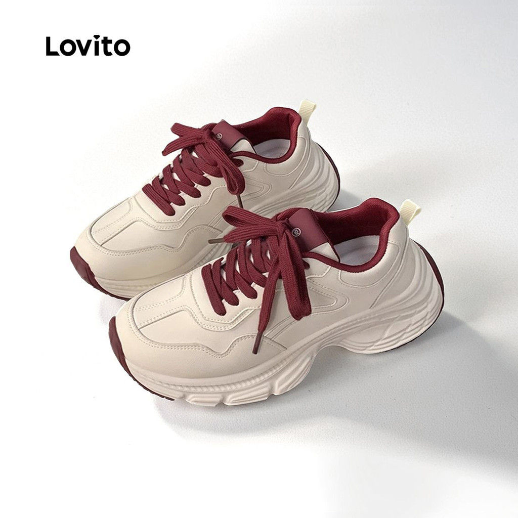 Lovito Esporte simples nicho sola grossa vermelho e branco simples na moda pai sapatos tênis para mulher LFA59283
