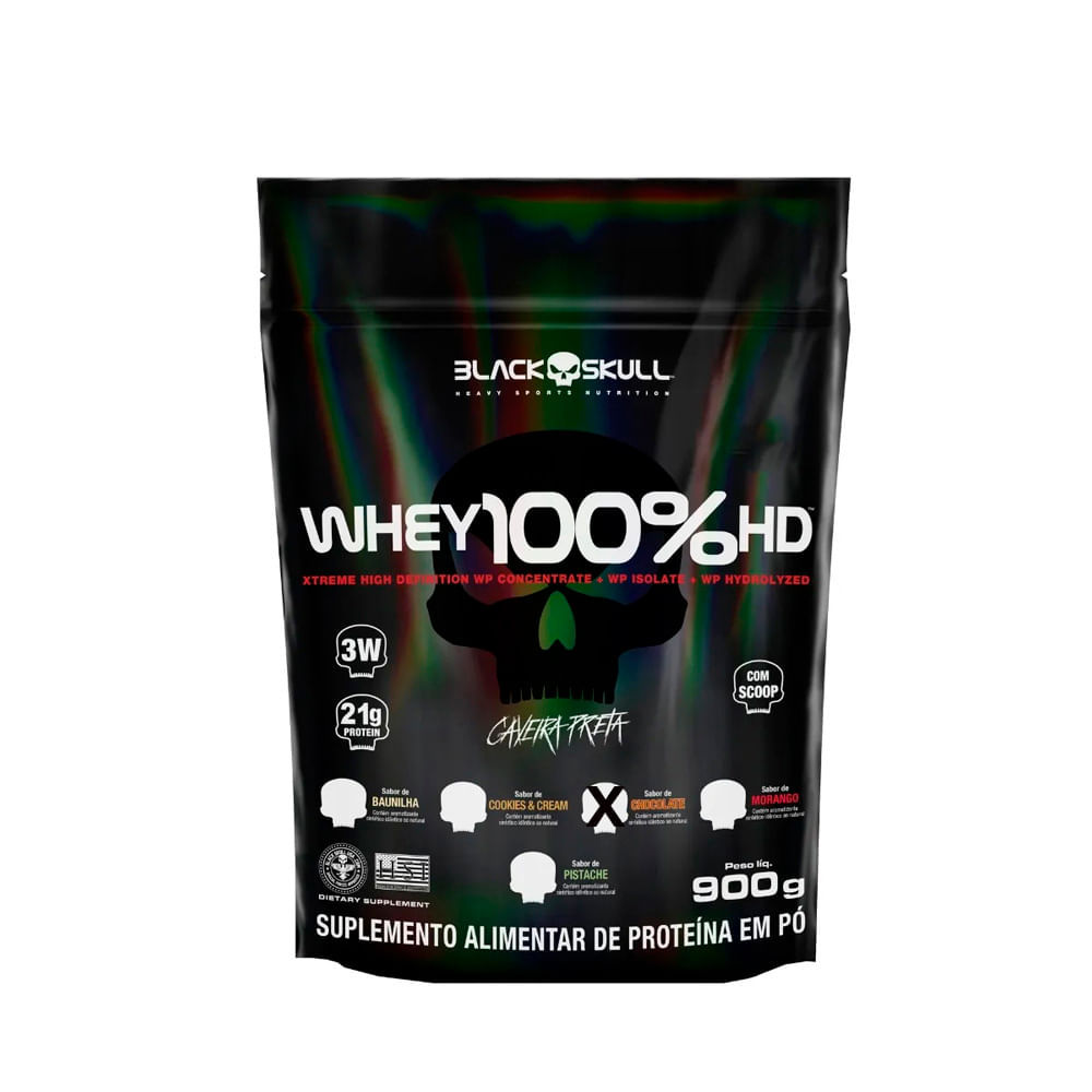 Whey Black Skull 100%HD Caveira Preta Refil Sabor Chocolate 900g em Oferta na Shopee