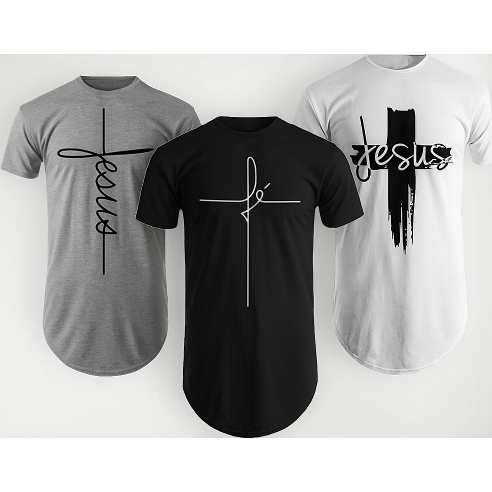 Kit c/3 T SHIRT- CAMISA  Camiseta Masculina Estampada Gospel Longline oversized Algodão Básica Cristã Evangélica