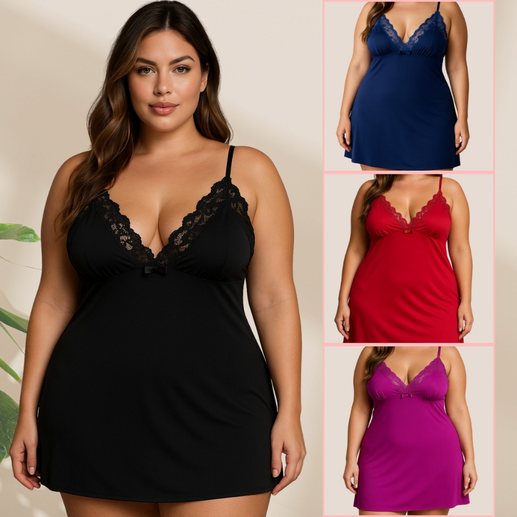 Camisola Plus Size Renda Delicada Confortável Alcinha Regulável Vestido de Dormir Pijama 50 a 54