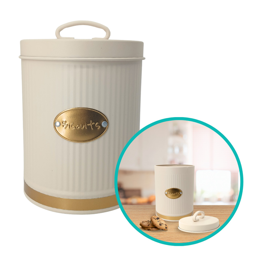 Pote De Biscoitos Bolacha Cookies Luxo Com Tampa Aço Bege em Oferta na Shopee
