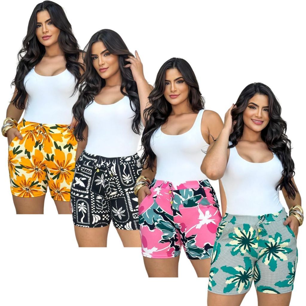 Shorts crepes feminino cores variadas look verão kit combo liso listrado floral em Oferta na Shopee