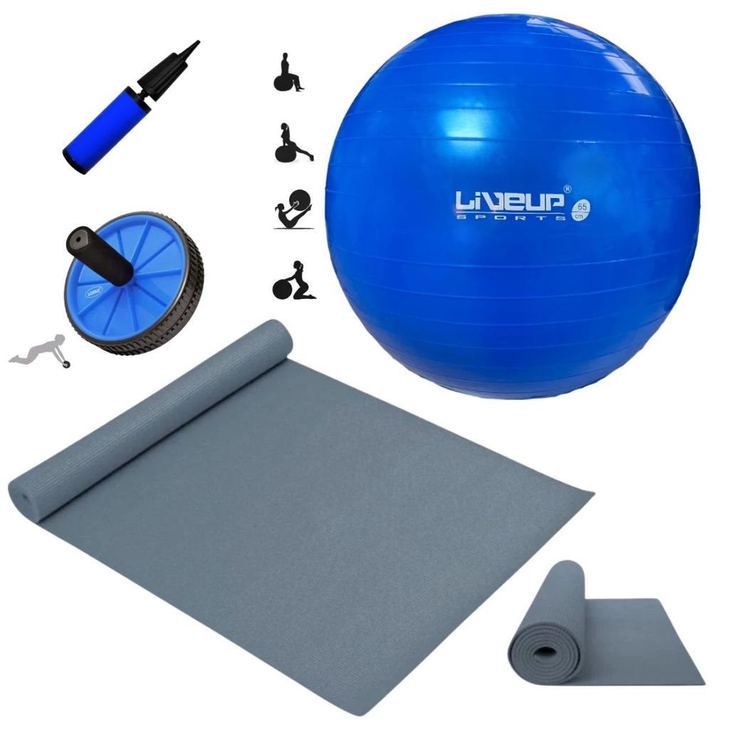 Kit Yoga Bola Suiça 65cm + Colchonete Eva 4mm Cinza + Mini Bomba + Roda Abdominal para Exercício