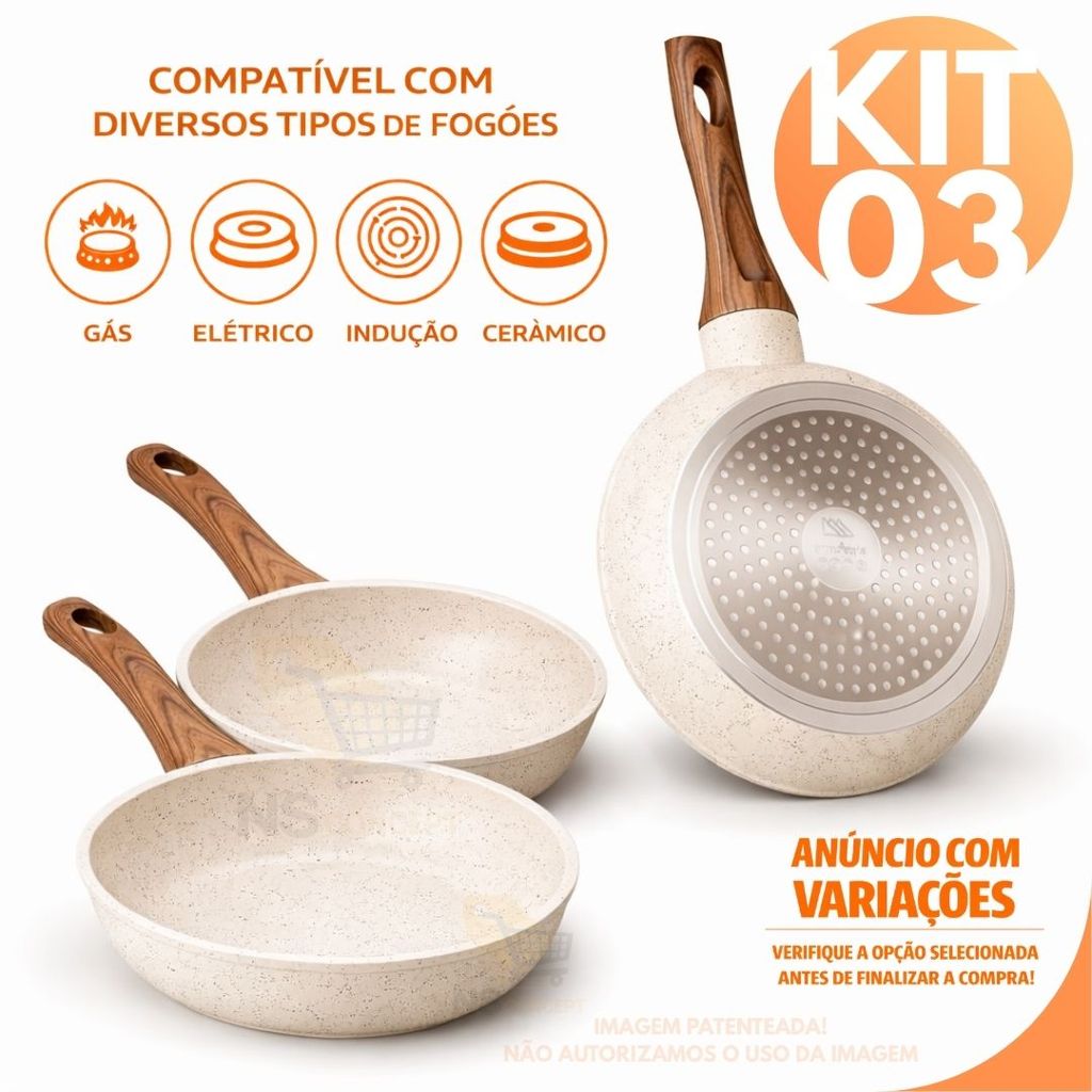 Kit 3 Frigideiras Cerâmica Antiaderente 16cm/20cm/24cm Cabo Amadeirado Compatível Indução Gás Elétrico Vitrocerâmico