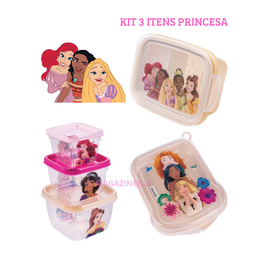 Kit 3 itens Potinhos Sanduicheira Marmita Princesas Plasútil Lanche Escolar Frutas Plasutil Infantil