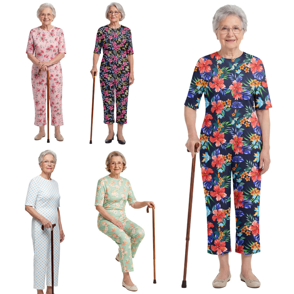 Yeahdor Macacão Feminino Com Estampa Floral Para Idosos , Manga Curta , Zíper Traseiro , Estilo Lounging , Anti-Tira , A