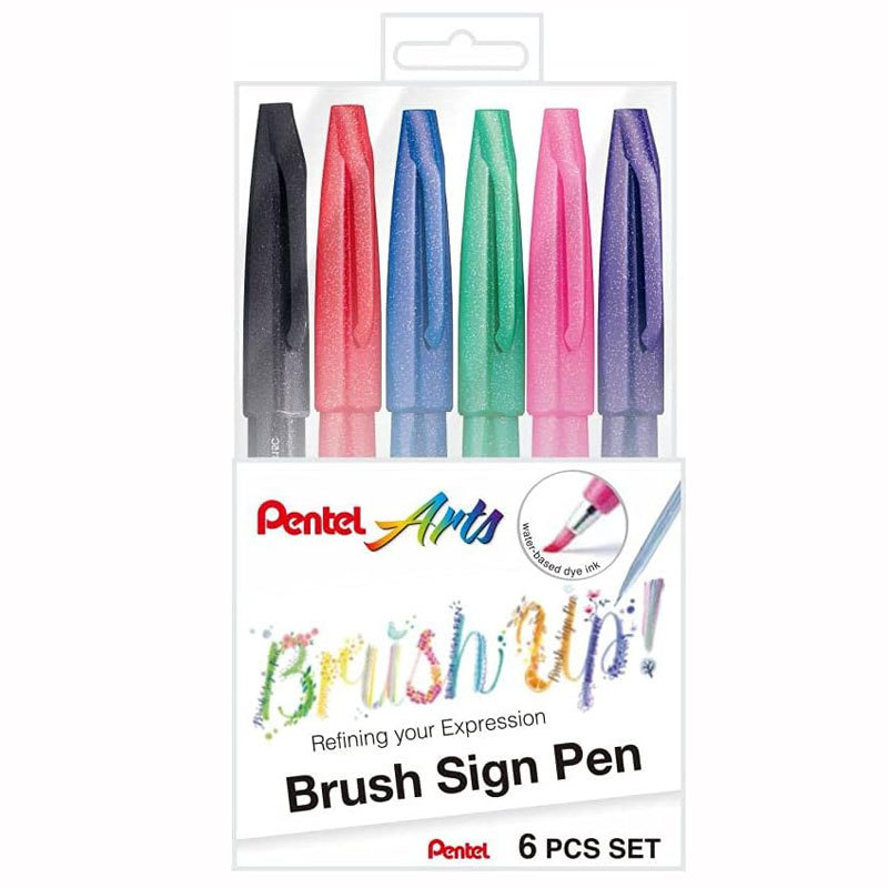Caneta hidrográfica Brush Sign Pen com 6 cores tradicionais KITBRUSH-6T Pentel em Oferta na Shopee