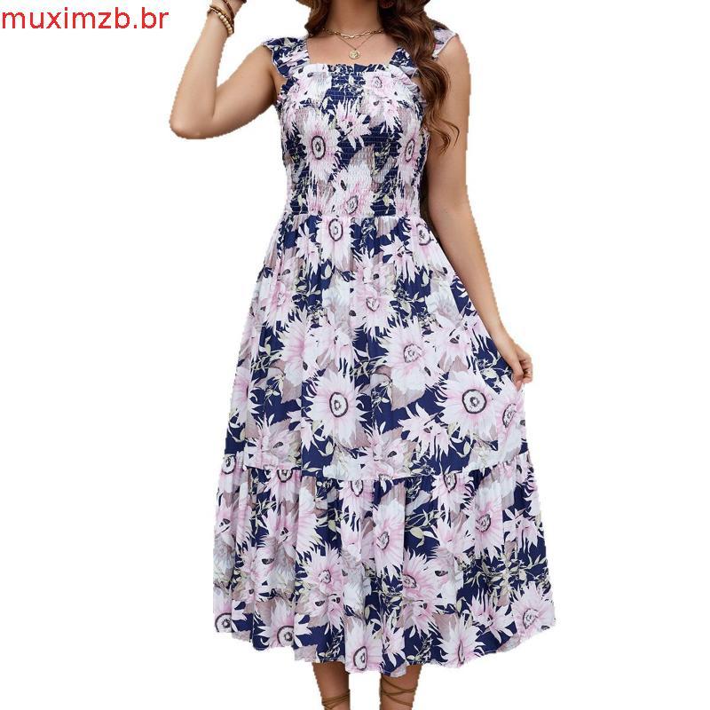 Vestido Feminino Moda Feminina Transfronteiriça 2025 Verão Vestido de Rayon Sem Mangas Boêmio Praia Férias Vestido de Al