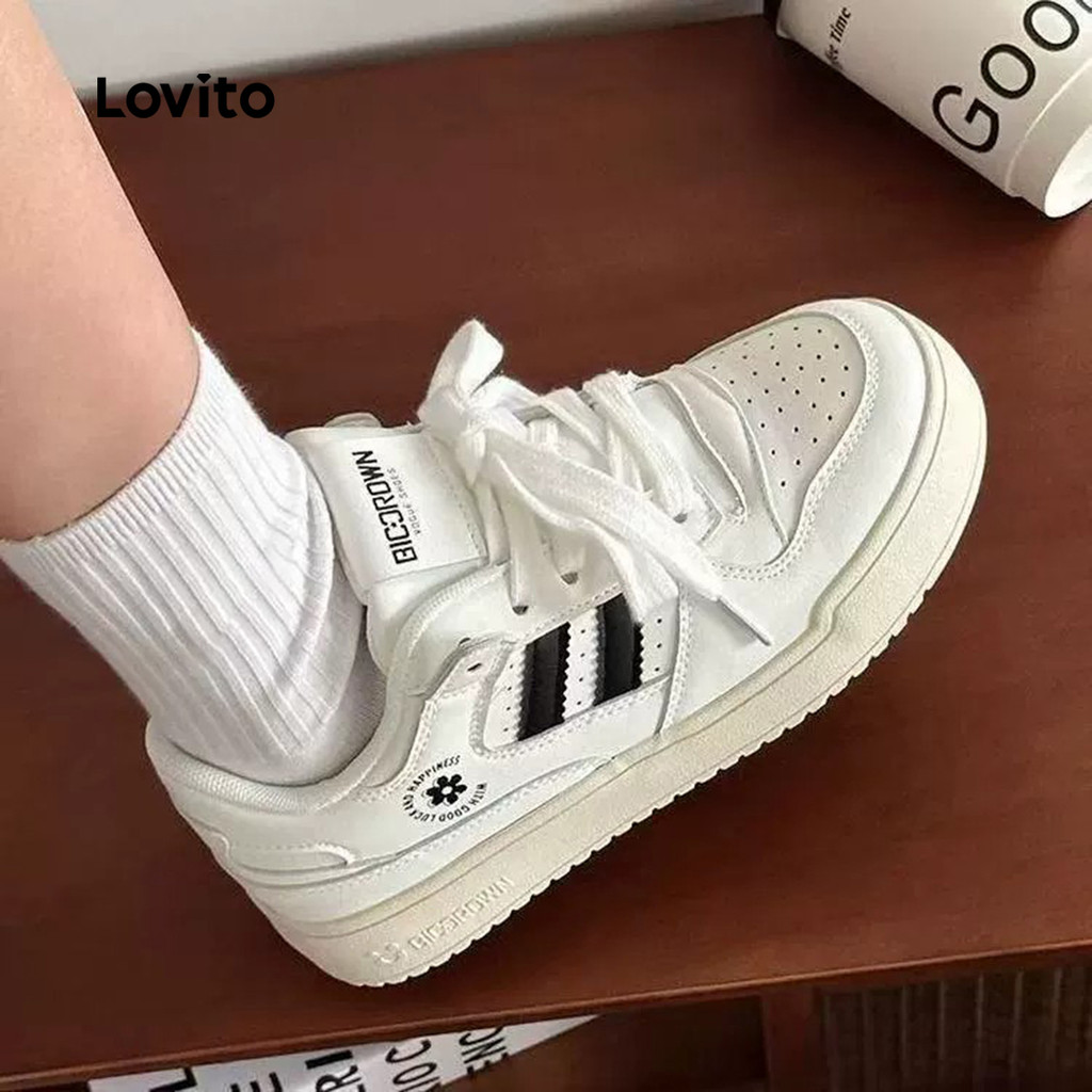 Lovito Tênis Esportivos Brancos Minimalistas para Todas As Estações Tênis Femininos brancos LFA87018