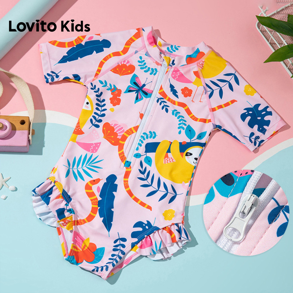 Lovito Kids  Roupa de Banho Esportiva com Zíper Padrão para Meninas Na primavera/verão LNL139293 em Oferta na Shopee