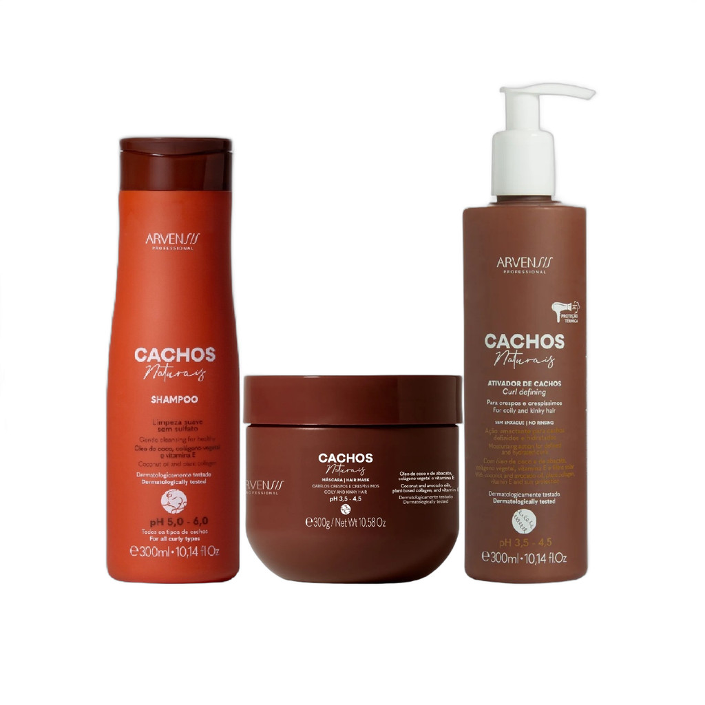Kit Arvensis Professional Cachos Naturais - Shampoo 300ml + Máscara Crespos 300g & Ativador Crespos 300ml
