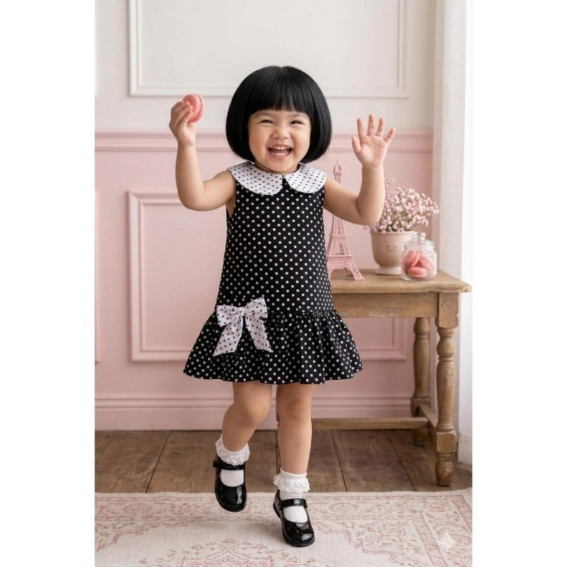 VESTIDO MARGOT Encomenda - Vestido Infantil Poá Preto e Branco Gola Boneca Laço Festa Aniversario Passeio