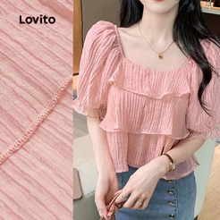 Lovito Casual Blusa de Camadas com Jacquard e Babados Primavera/verão Blusa Rosa para Mulheres L142ED090