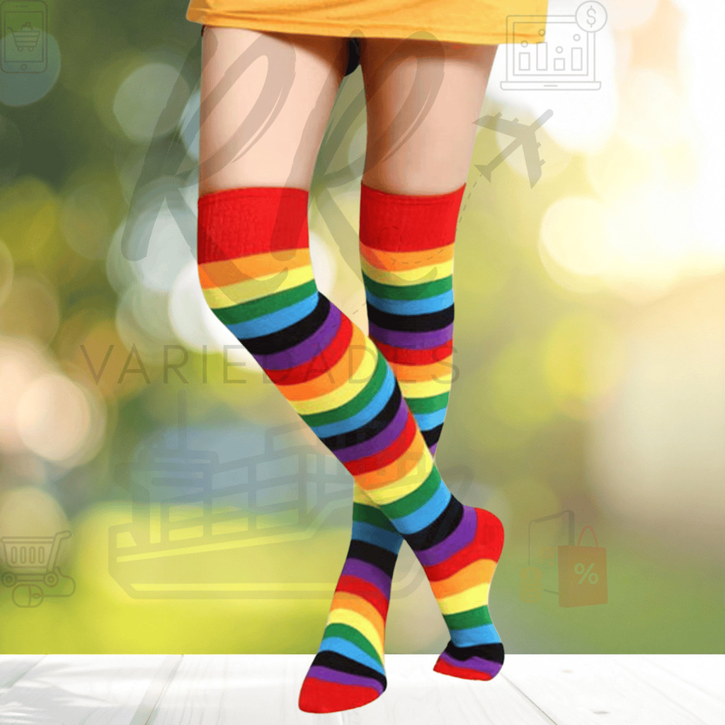 Meia 7/8 Arco-Íris Listrada Colorida – Longa para Cosplay, Fantasia, Geek e Pin Up