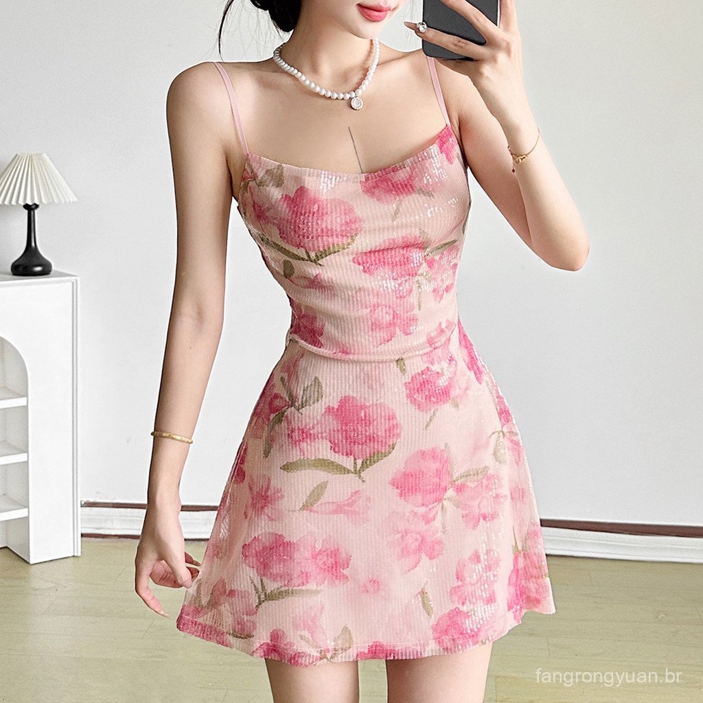 Primavera rosa Floral estilingue vestido feminino verão 2025 novo estilo doce temperamento cintura estreita mais magro o