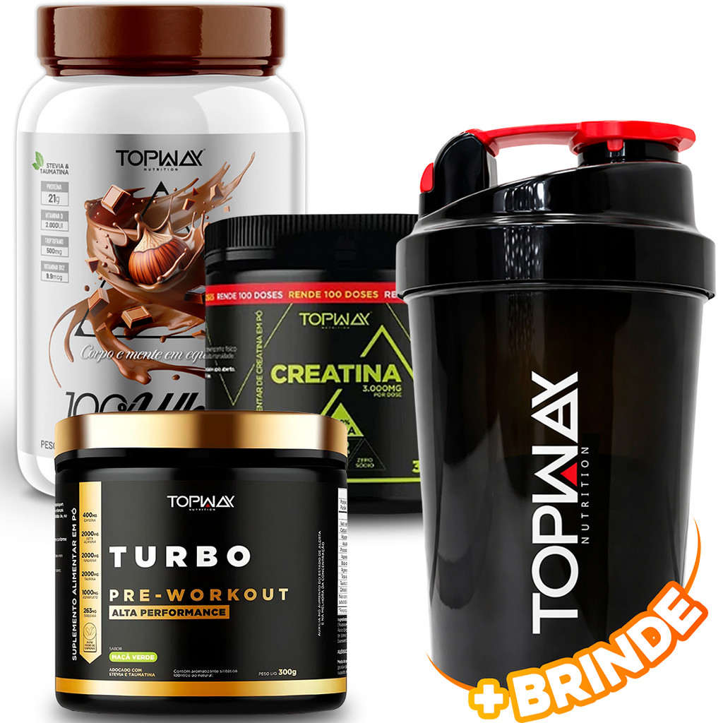 TopWay Whey Protein 100% 900g Chocolate Com Avela + Creatina 300g + Pré Treino Workout Turbo 300g