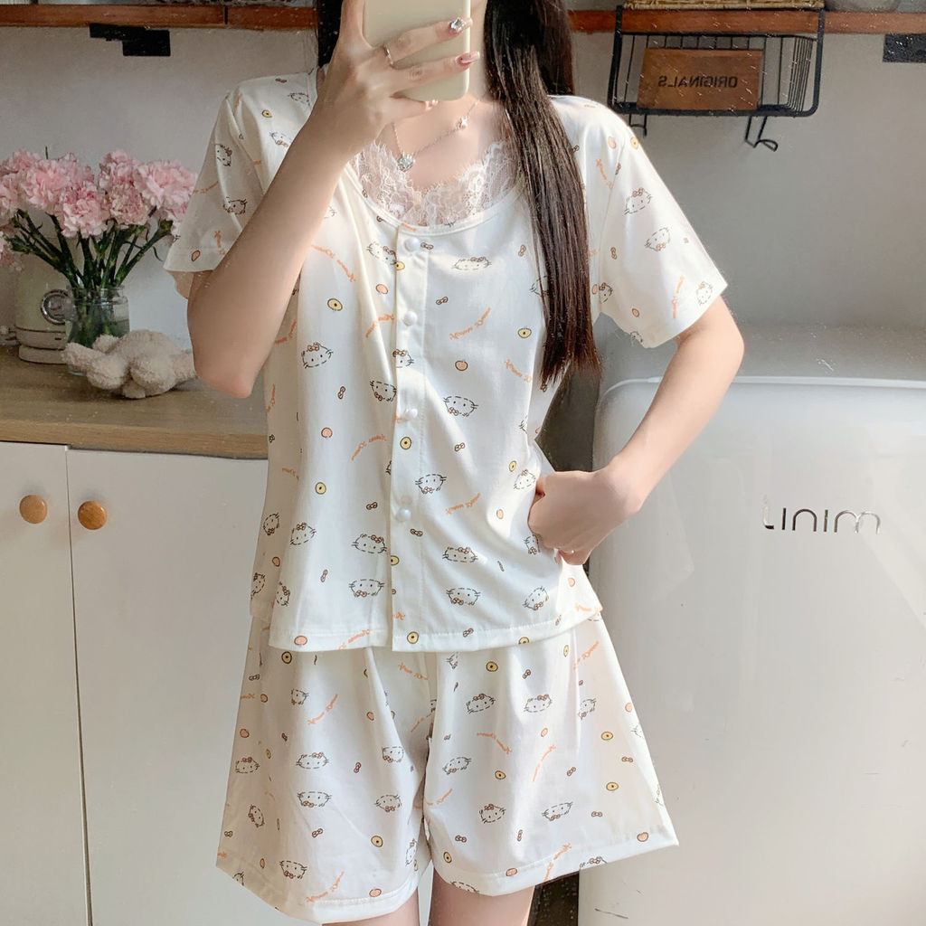 Imagem KT Cat Sweet Lace Trim com almofada no peito Pijama de manga curta feminino verão confortável terno Loungewear de alta q