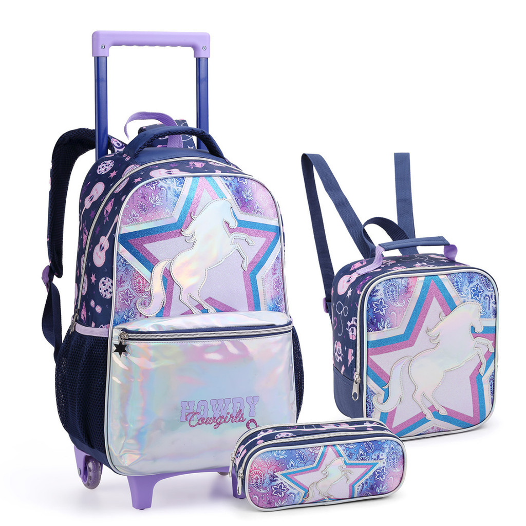 Kit Mochila Infantil Rodinhas Feminina Unicornio Reforçada Escolar Grande Com Lancheira Térmica e Estojo Holográfico
