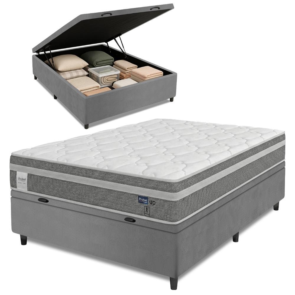 Cama Box Baú Colchão Casal Molas Ensacadas Euro In Up 138x188x67cm Cinza / Branco Probel - Suporta até 110kg por Pessoa em Oferta na Shopee