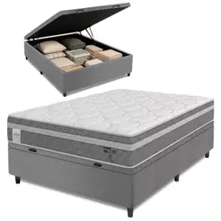 Cama Box Baú Colchão Casal Molas Ensacadas Euro In Up 138x188x67cm Cinza / Branco Probel - Suporta até 110kg por Pessoa