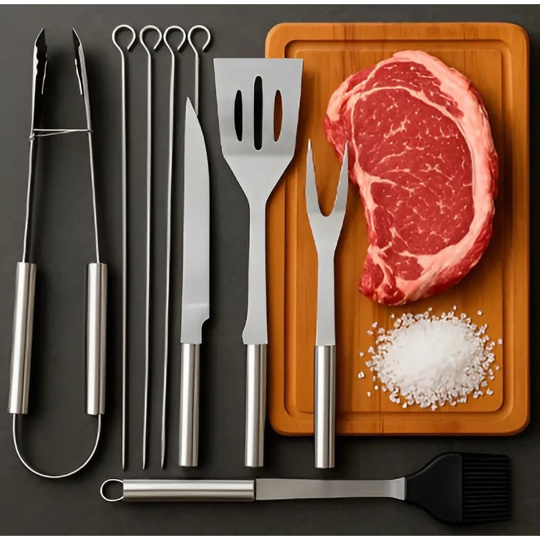 Imagem Kit Para Churrasco Profissional Inox Chef Gourmet Utensílios(9 Peças)