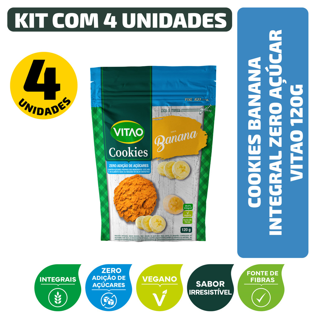 Kit Cookies Banana Integral Zero Açúcar Vitao 120G - 4 Unidades. em Oferta na Shopee