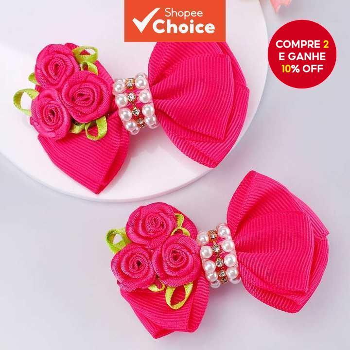2Pcs Clipes De Cabelo Pearl Bowknot Com Grampos Rhinestone Classe Rose Para Crianças