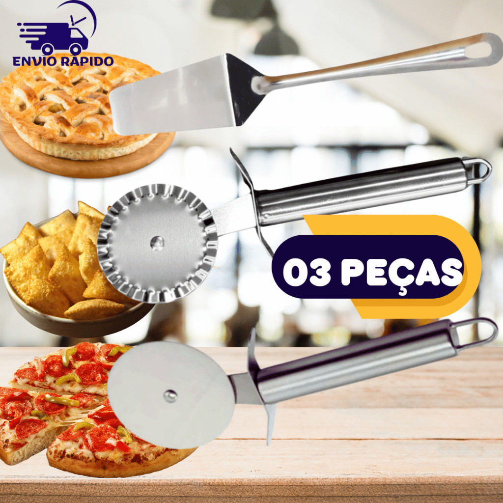 Kit 3 Peças Cortador de Pizza Cortador de Massa Pasteis e ESpatula Para Bolos Tortas Pudins Para Casas Pizzarias