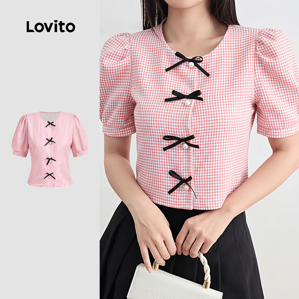Lovito Blusa Casual Laço Bloco de Cores Botões Frente Festa De Dia Primavera/verão Rosa Para Mulheres L171ED296 em Oferta na Shopee