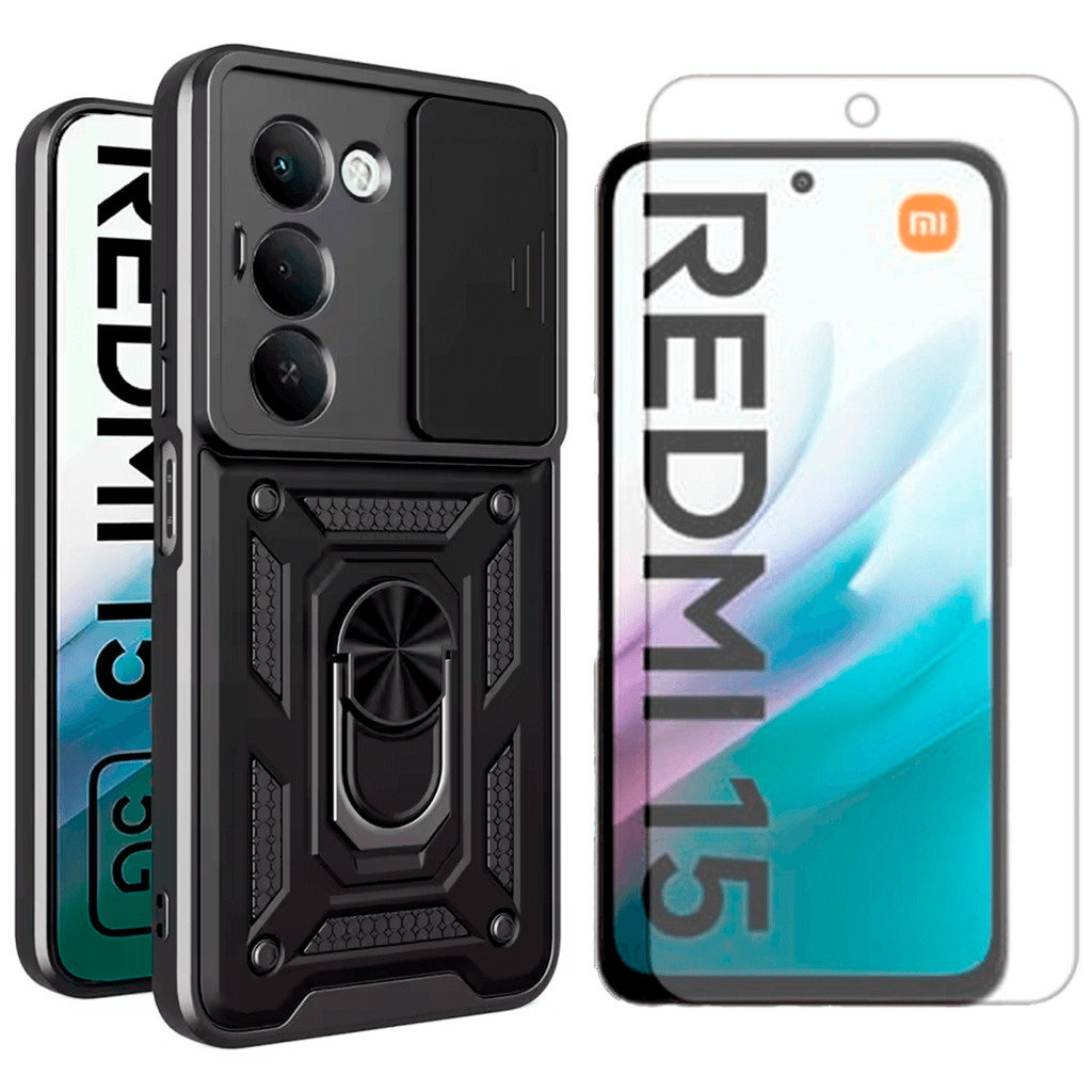 Kit Capa Armor com Anel + Película de Hidrogel para Xiaomi Redmi 15 4G