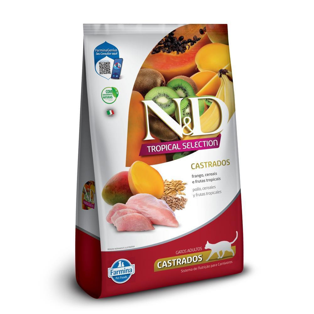 N&D  Tropical para Gatos Adultos Castrados de Todas as Raças Sabor Frango, Cereais e Frutas Tropicais 400g em Oferta na Shopee
