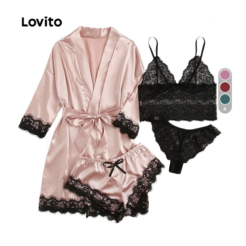 Lovito Conjunto Camisola 4 Peças Seda Renda Sem Alças Rosa Mulheres LNE130074 em Oferta na Shopee