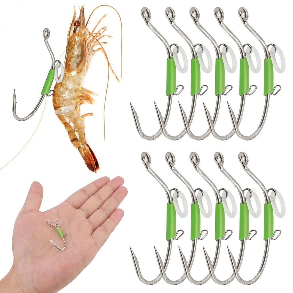 10 Pçs 1/0 2/0 3 Ganchos De Pesca De Aço De Alto Carbono Luminoso Gancho De Camarão Vivo Para Baixo Pique Com Anel De Mo