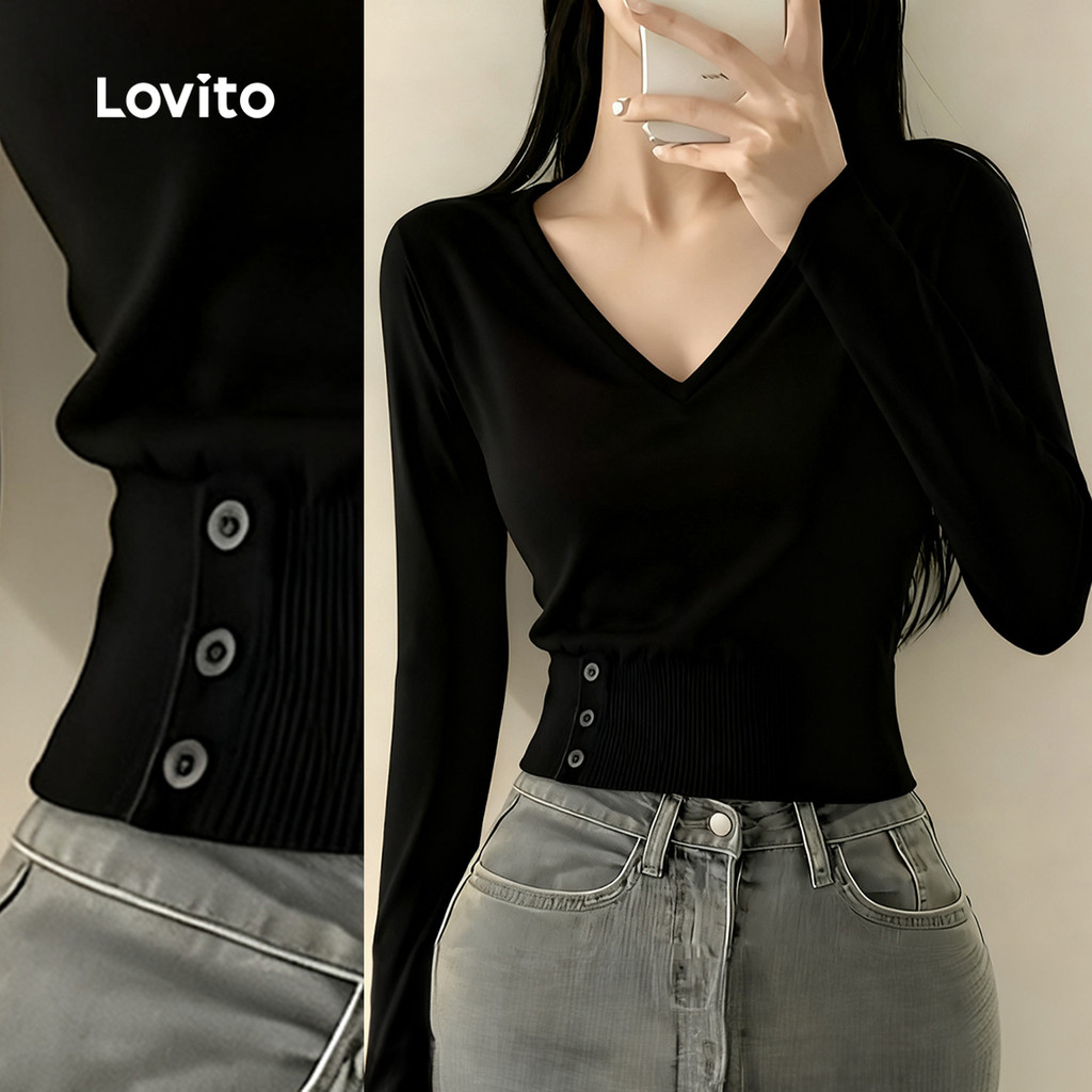 Lovito Camiseta Casual com Botão Preta para Mulheres Primavera/Verão LK2AD1111 em Oferta na Shopee